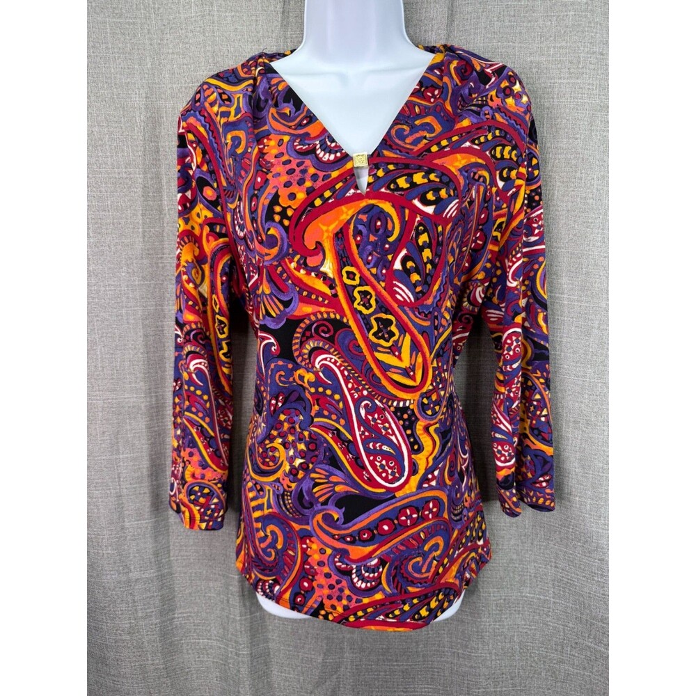 Anne Klein 3/4 Sleeve Dressy Top Women's Size L Bright Multicolor Retro Look